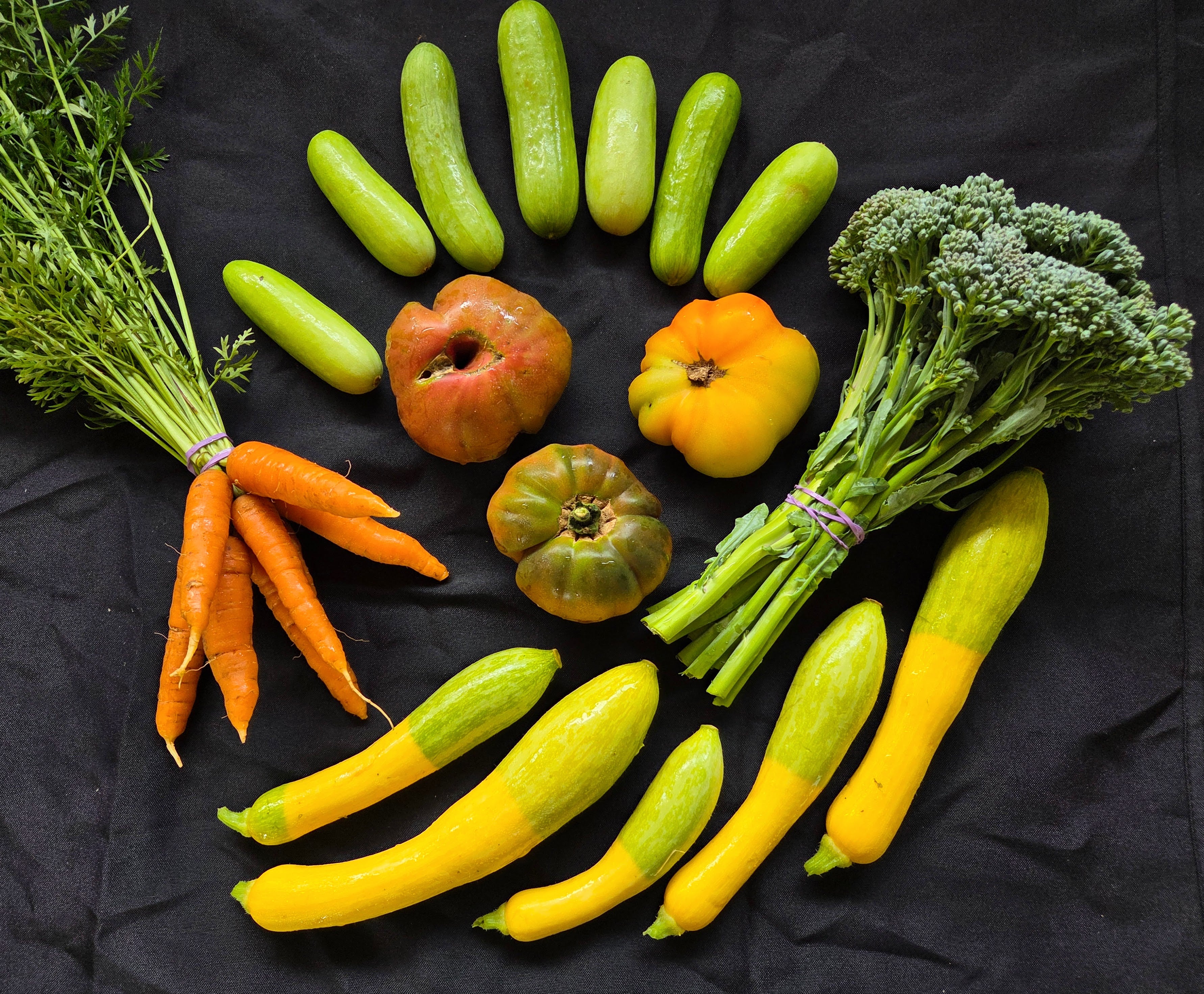 Assorted vegetables including carrots, cucumbers, tomatoes, and squash arranged in a circular pattern on a black background.