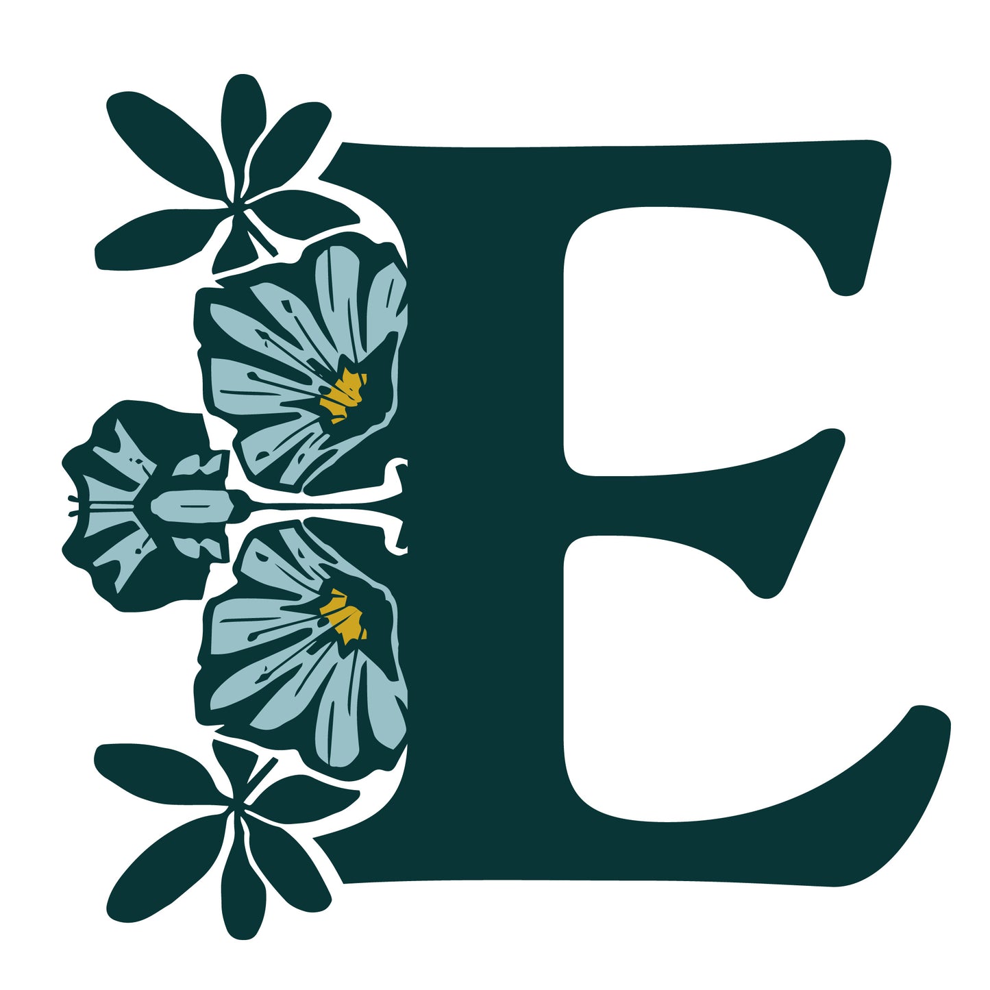 Letter 'E' with floral design on a white background