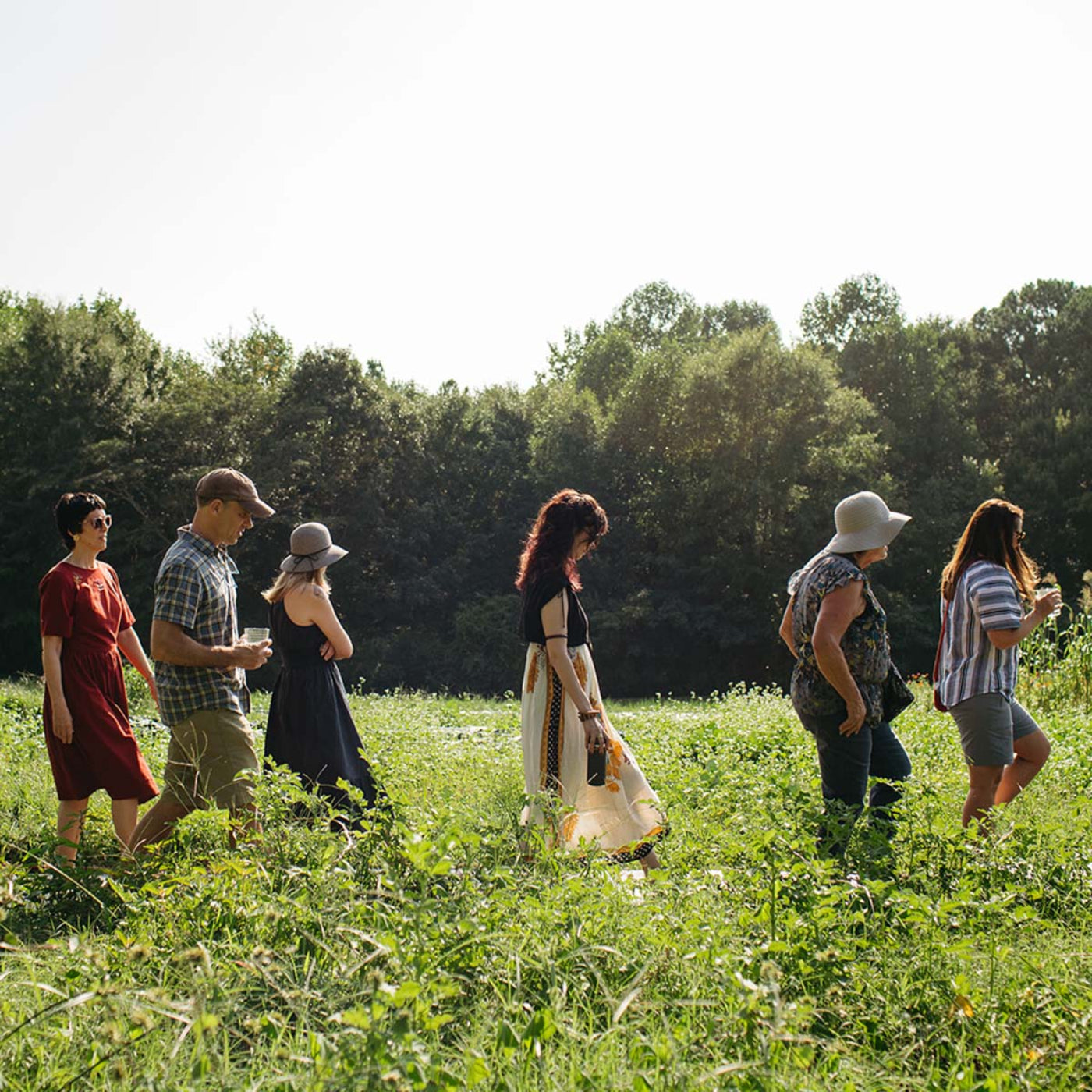 Group of people walking through a grassy field with trees in the background