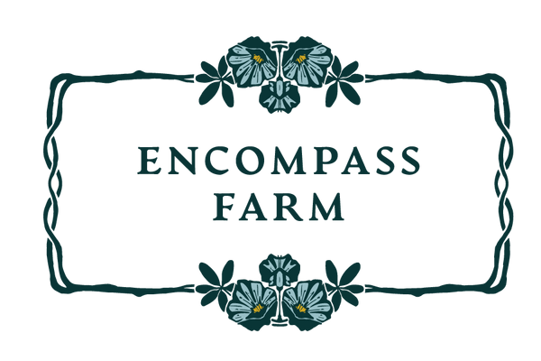 Logo for Encompass Farm with decorative elements on a transparent background